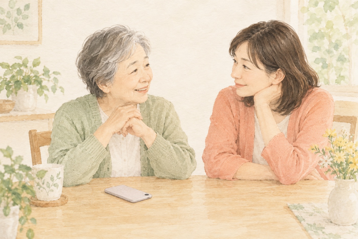 スマホを置いて、家族に相談している女性のイラスト