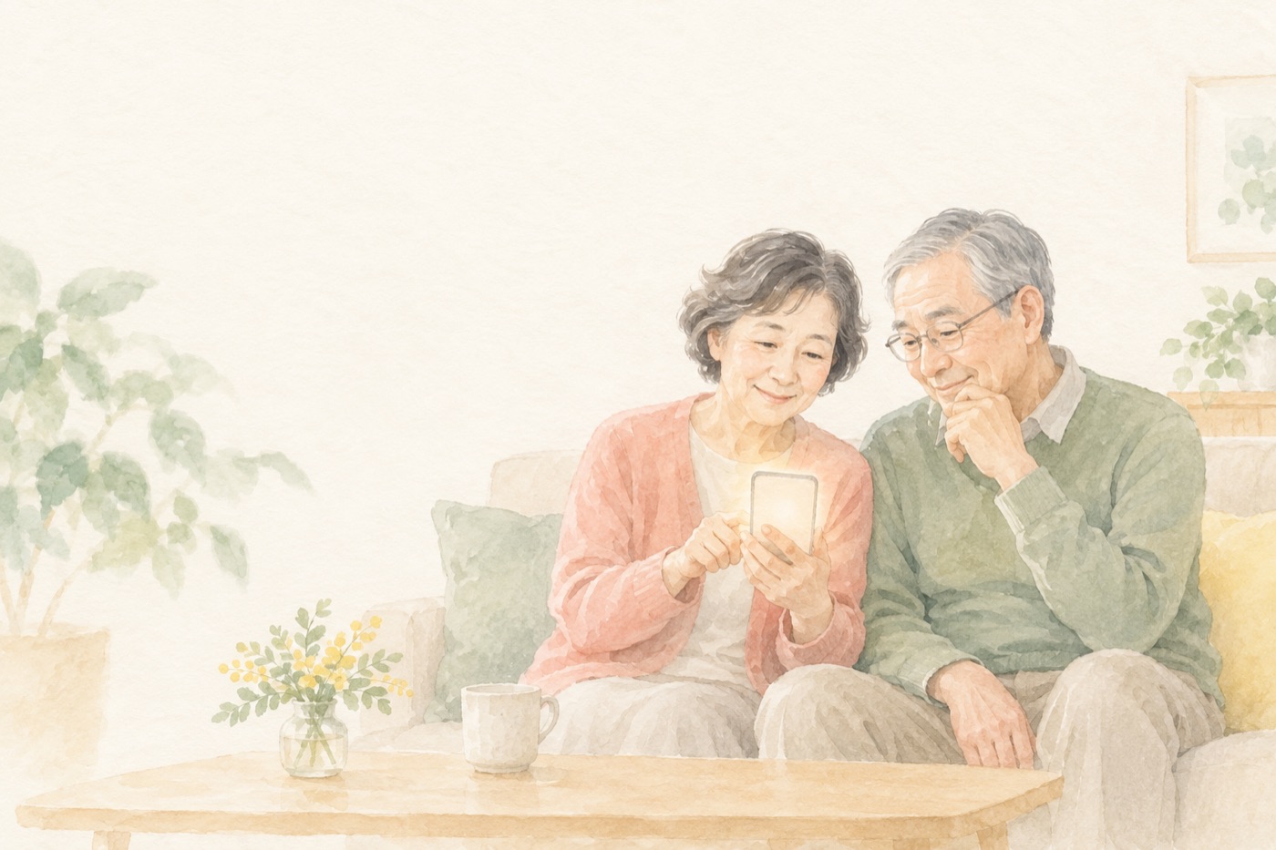 スマホの画面を家族に見せて一緒に確かめる女性のイラスト