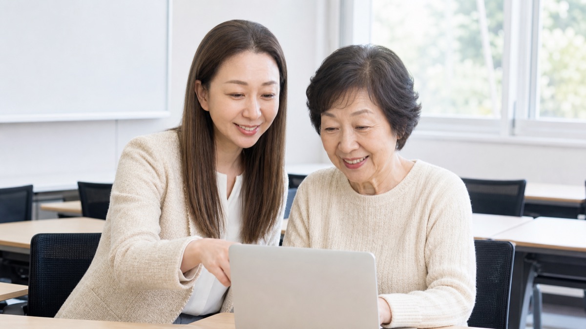 生徒さんの隣に座り、一緒に画面を見ながら教えるみゆ先生