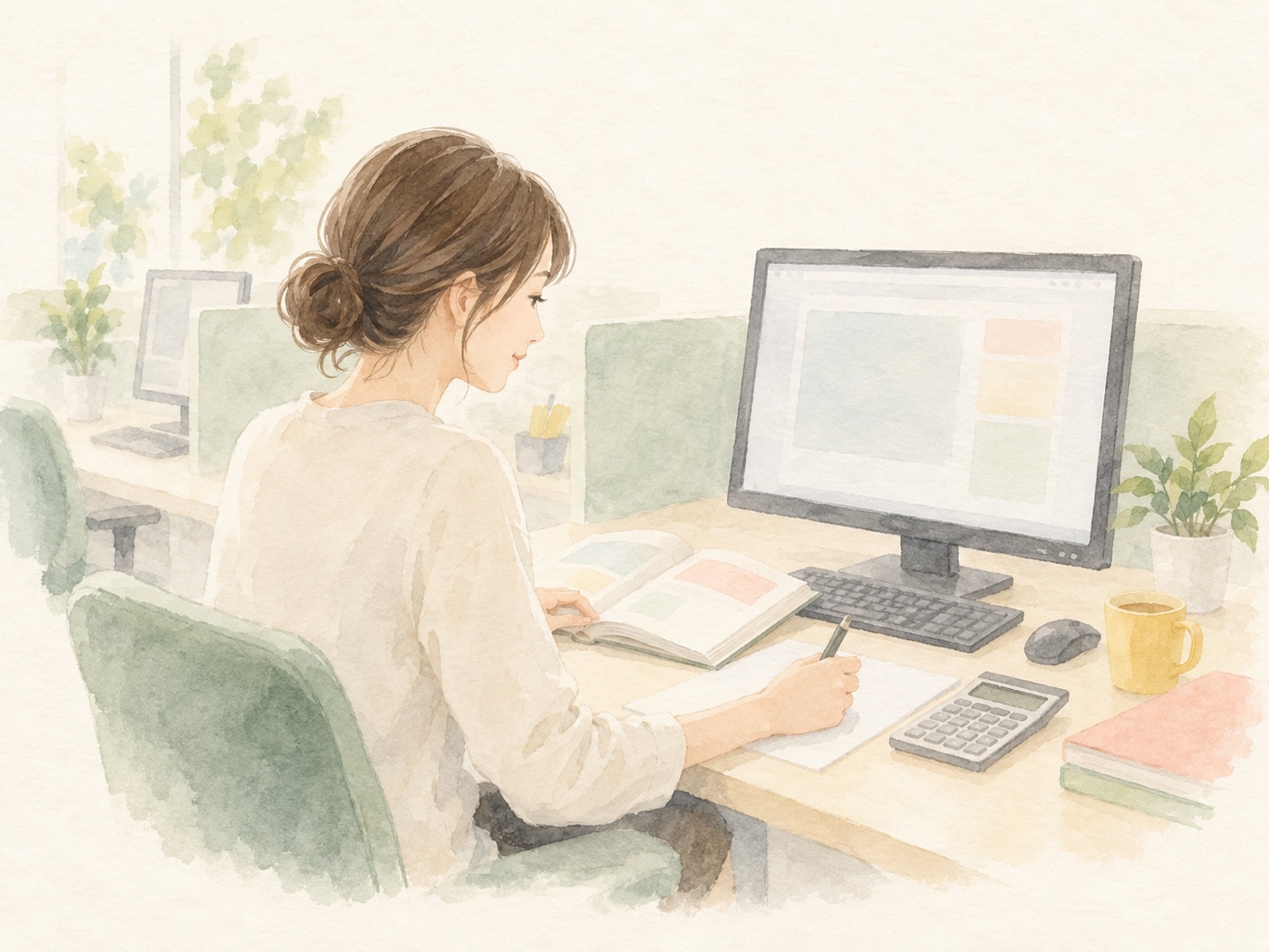 教室のパソコンで簿記の練習をする女性のイラスト