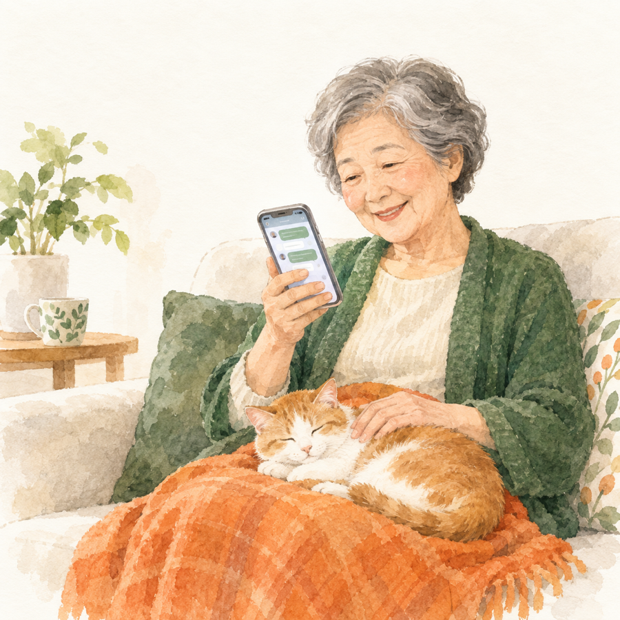 スマートフォンを見て安心した表情の女性のイラスト