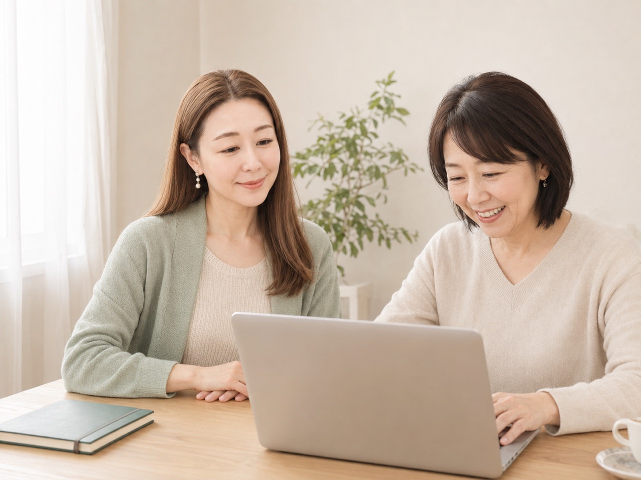 スタッフと一緒に画面を見て「できた！」と笑顔になる生徒さん