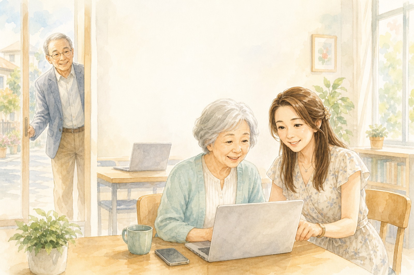 講師がシニアの方とノートパソコンを一緒に見ている、明るい朝の教室の水彩イラスト