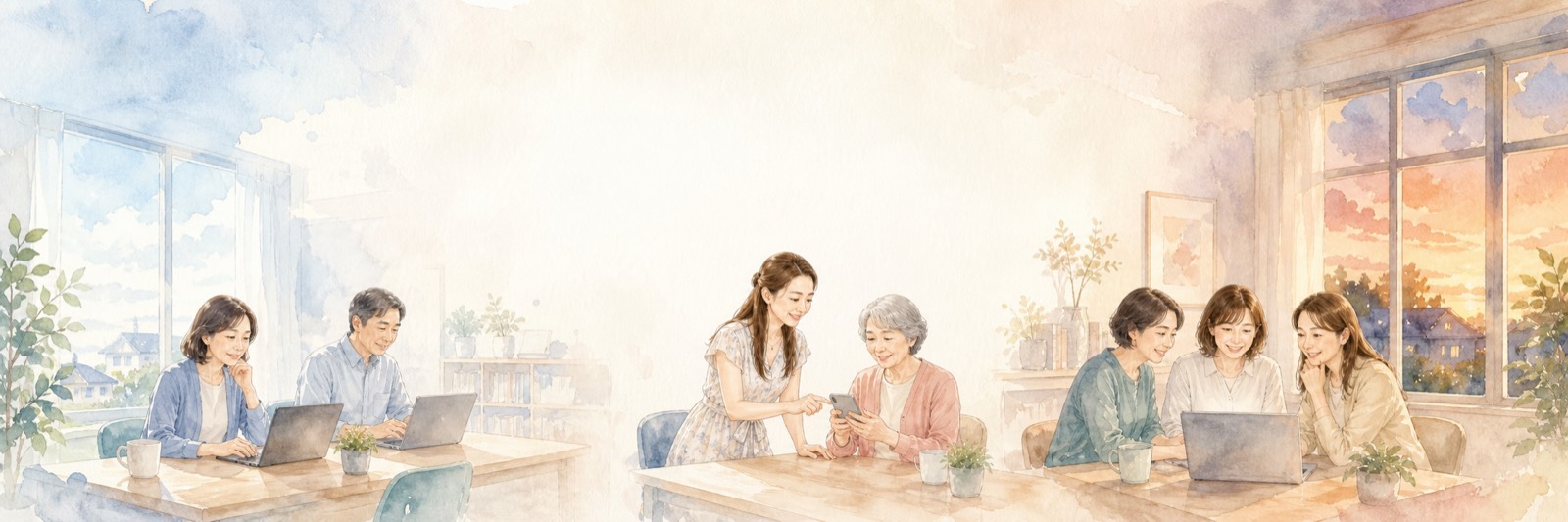朝の作業会から夜の作業会まで、教室の一日を描いた水彩イラスト