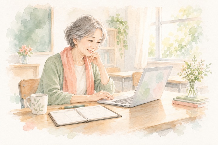 朝の教室でノートパソコンを開いて予習する60代の女性