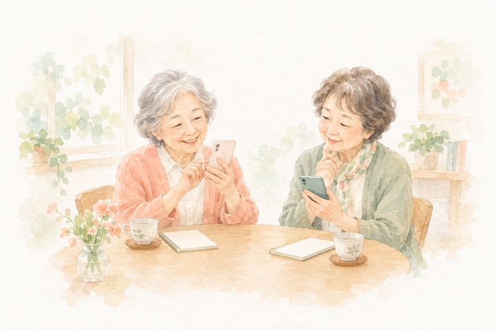 スマホを手に写真を送る練習をする70代の女性