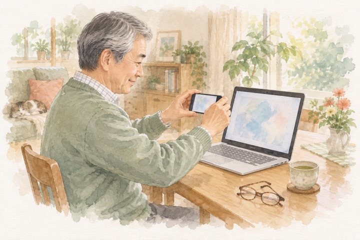 自宅でパソコンの画面をスマホで撮影する60代の男性