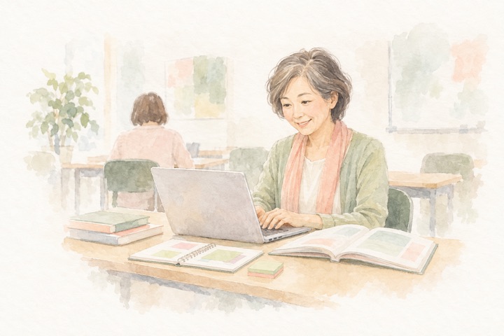 テキストを見ながらノートパソコンで入力する60代の女性