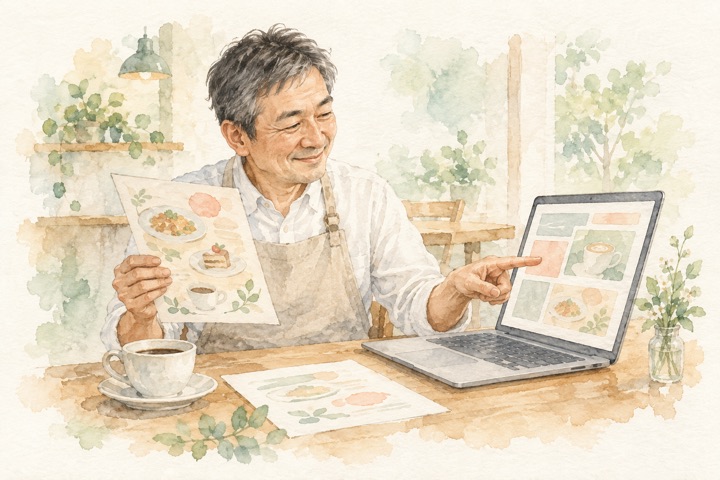 お店のメニュー表とノートパソコンを見比べる50代の男性