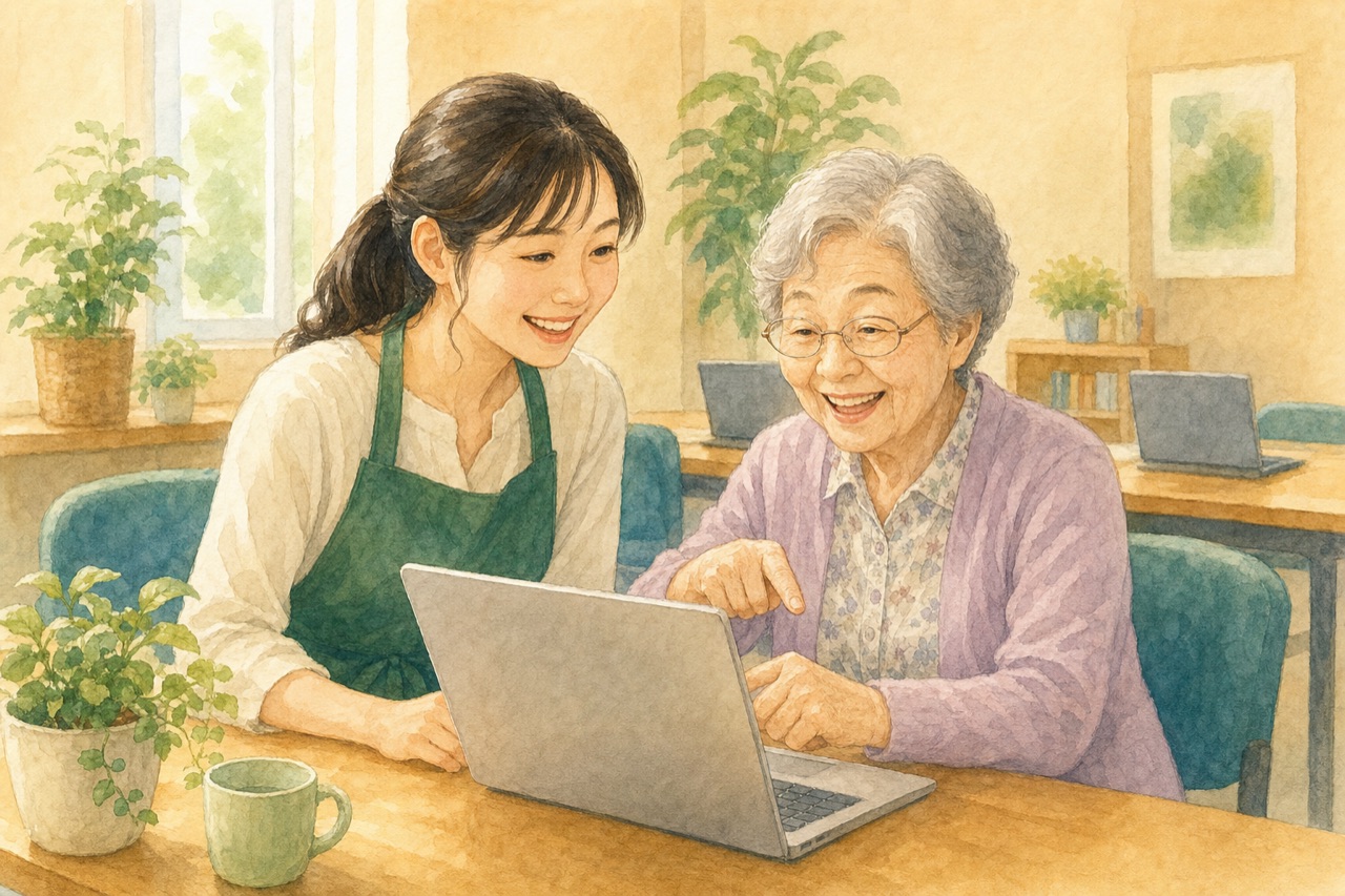 先生と生徒が一緒に画面を見る様子