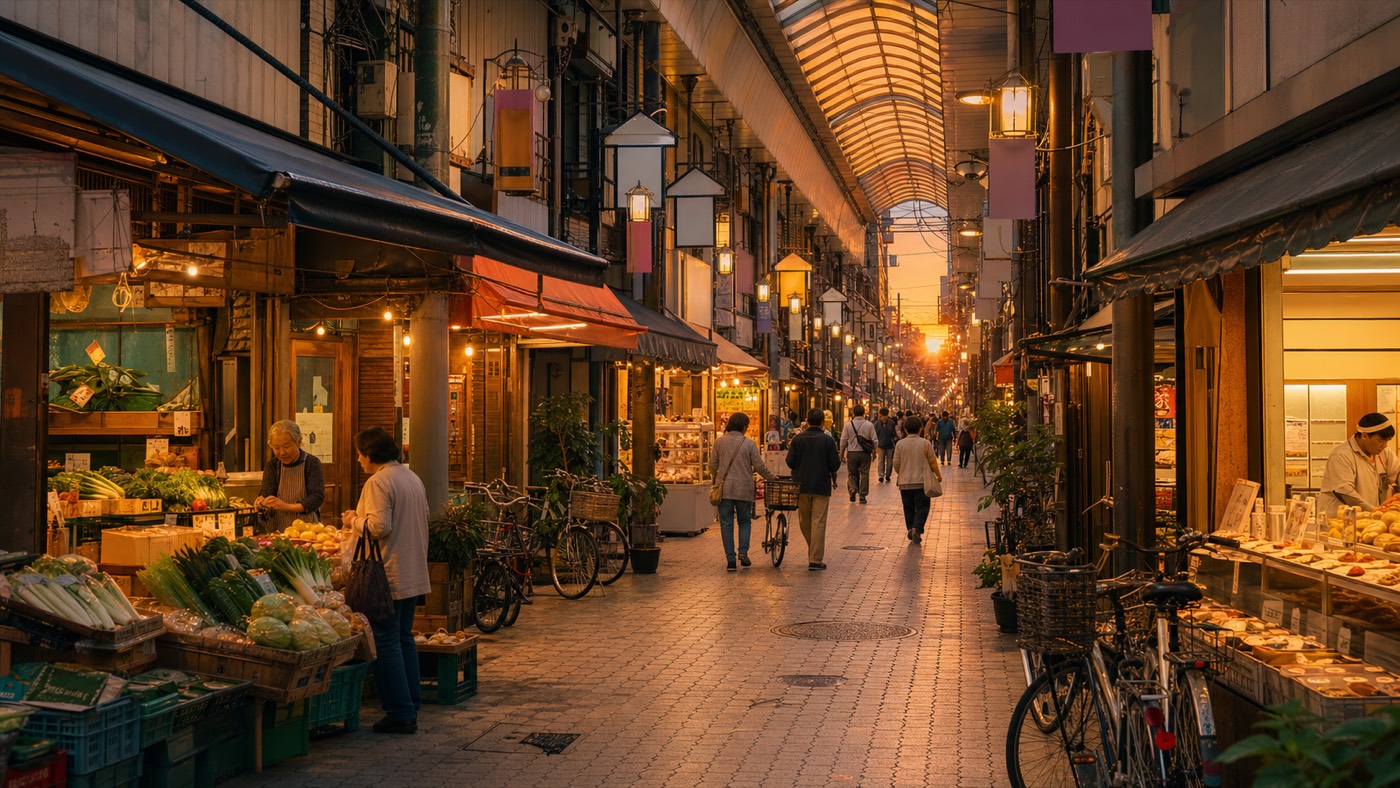 夕暮れの商店街のまちなみ
