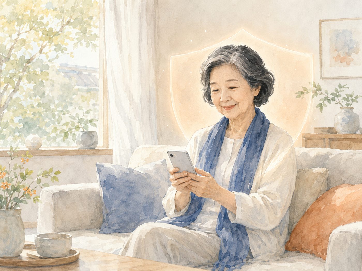 スマホを見て安心して微笑むシニア女性のイラスト