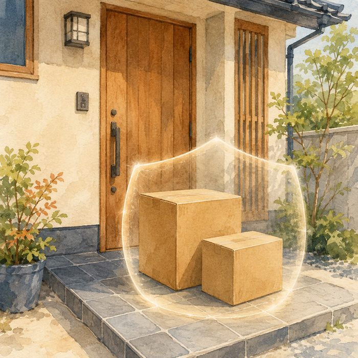 玄関先の置き配の荷物を光の盾が守るイラスト