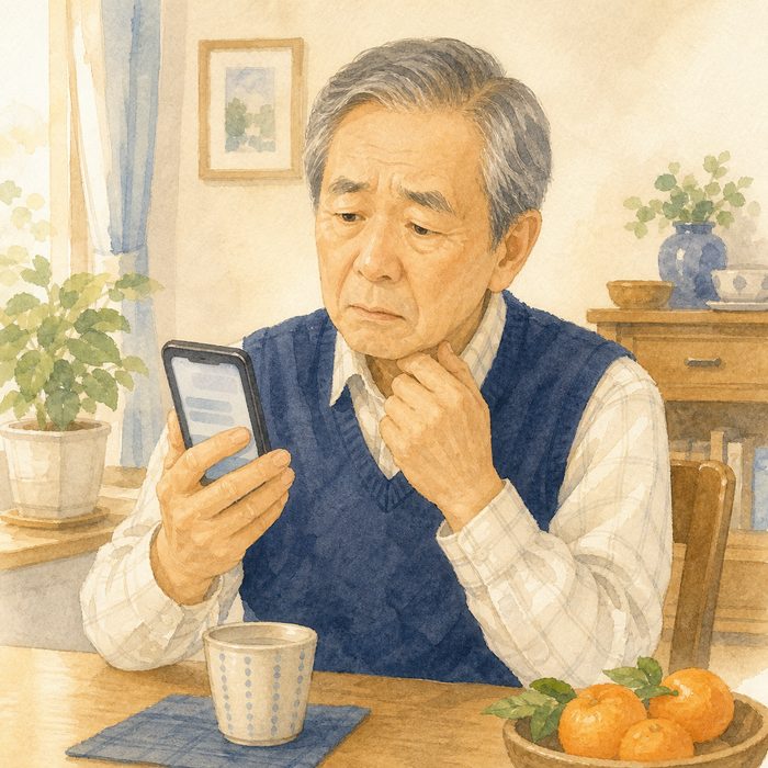 届いたメッセージに首をかしげるシニア男性のイラスト